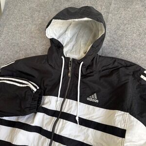 Vintage Adidas Windbreaker Jacket Mens Medium Black White Striped Quilted Hooded